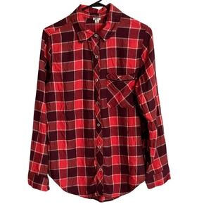 Aerie Women's Red Plaid Flannel Shirt Size Small Long Sleeve Button-Up Oversize